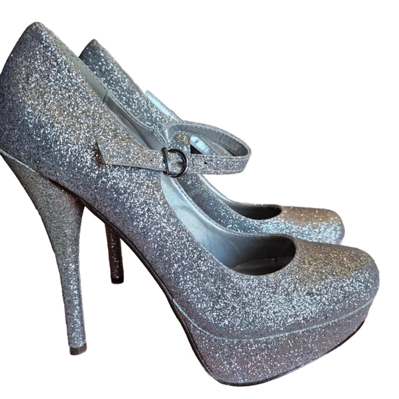 Silver Glitter Ankle Strap Platform High Heel pump - Picture 7 of 12